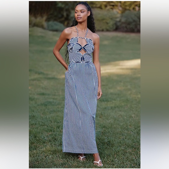 Anthropologie | Dresses | Anthropologie Celandine Hibiscus Cutout Blue And  White Halter Midi Dress | Poshmark